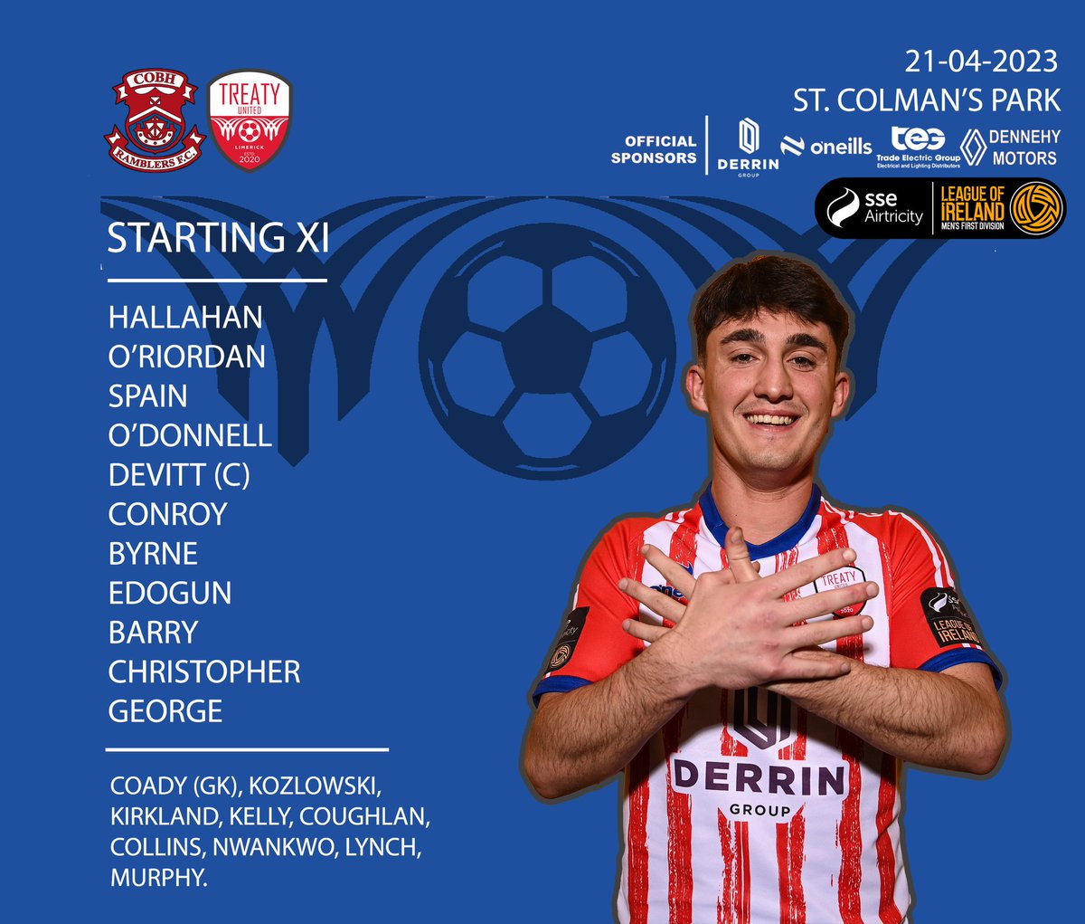 TreatyUnitedFC's tweet photo. 𝗟𝗶𝗻𝗲-𝗨𝗽!
- Colin Conroy &amp; Dean George come into the starting XI.
- Mark Murphy &amp; 16-year-old Robbie Lynch make the bench. 
- Lee Devitt takes the armband ©️
- Enda Curran (illness), Mark Walsh (injury) &amp; Willie Armshaw (family bereavement) miss out. https://t.co/ffKK6ygpBM