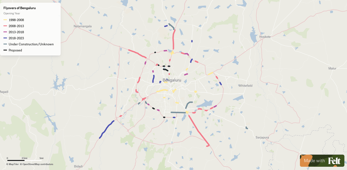 Vonterinon's tweet photo. Out of curiosity, I was searching for a list of flyovers in Bengaluru. I couldn't find one, so I started compiling a list:

46 operational flyovers
6 under construction
7 proposed

I then put them on a map to visualize how they've grown over the years.

https://t.co/DbIFMFXQSZ https://t.co/fUoYGOPUfY