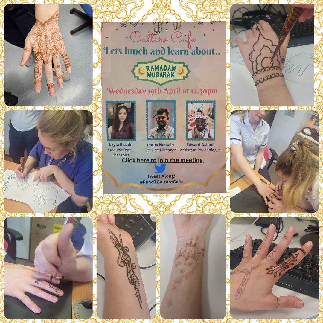 JncPhysio's tweet photo. Eid Mubarak!
This week, we invited our AHPs to listen to three wonderful speakers talk about Ramadan. While food treats weren't appropriate for our lunch session, people joined in to practice henna.
Looking forward to the next #RandTCultureCafe! https://t.co/pnmIURd1Vy