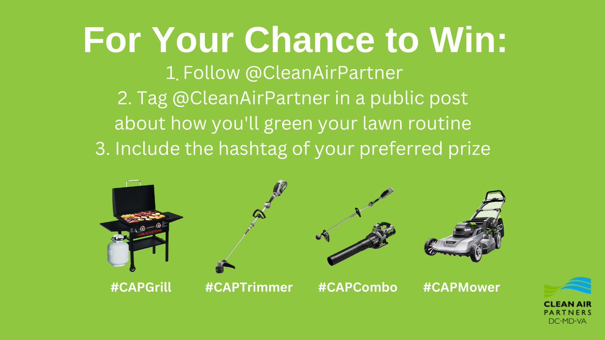 CleanAirPartner's tweet photo. Ready to green your lawn routine? 👩‍🌾 We're giving away low emissions lawn tools each day from #EarthDay all the way through #AQAW. Tag us in a post with how you pledge to lower your lawn emissions for a chance to win. 

Full rules: https://t.co/qP2jz824Bk https://t.co/Sz06u4vz0W