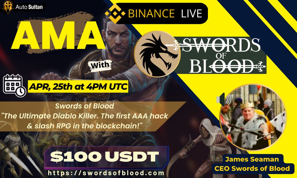 Autosultan_team's tweet photo. 🔥 We Present The Next #AMABinanceLive wth @SwordsofBlood_

🎁 $100 USDT🤑
📆 April, 25th 2023
⏰ At 4PM UTC
🏨 https://t.co/mIf15N8sqn

Follow @SwordsofBlood_
Join TG https://t.co/ofLaOjBi9p

LIKE RT &amp; Comment Your Q (3Q MAX) Tag 3 FRIENDS ‼️

#SwordsOfBlood #MMORPG #P2E $SWDTKN https://t.co/1gPsyCKj7Y