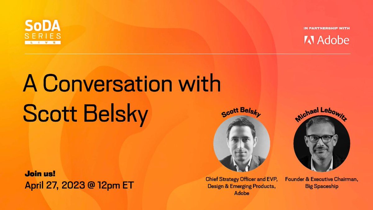 SoDAspeaks (@sodaspeaks) on Twitter photo 🗓 Next Thursday (4/27 @ noon ET), join <a href="/scottbelsky/">scott belsky</a> and <a href="/mikelebowitz/">Michael Lebowitz</a> for a conversation on generative AI and the role of the creative. Streamed live on <a href="/creativecloud/">Adobe Creative Cloud</a>. bit.ly/3oCUzvN 🗓 Next Thursday (4/27 @ noon ET), join <a href="/scottbelsky/">scott belsky</a> and <a href="/mikelebowitz/">Michael Lebowitz</a> for a conversation on generative AI and the role of the creative. Streamed live on <a href="/creativecloud/">Adobe Creative Cloud</a>. bit.ly/3oCUzvN