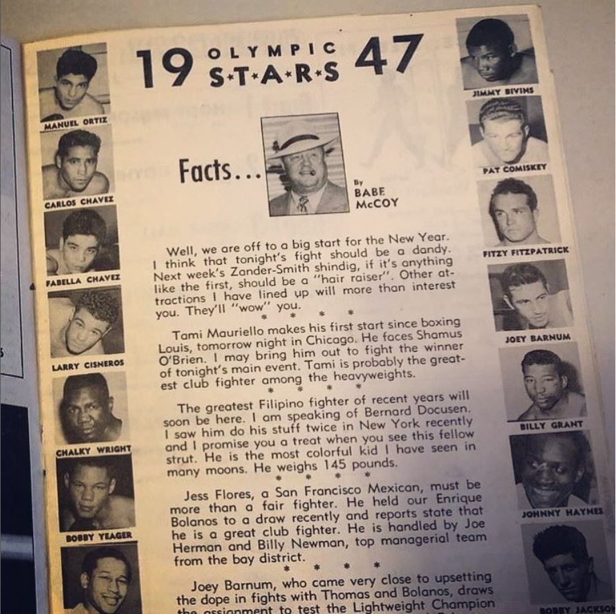 olympicaud's tweet photo. Olympic stars of '47, by matchmaker Babe McCoy. Maybe the best? Manuel Ortiz, named by #ringtv one of the 80 best boxers of the last 80 years. He won the Bantamweight title in '42 and held it for most of the 40s. #18thandgrand #boxing #olympicauditorium #boxinghistory #lahistory https://t.co/3mrAumrtEF