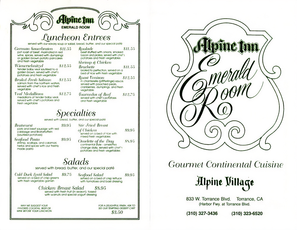 LAPL Photos on Twitter "[2010] Lunch/Dinner menu Alpine Village Inn