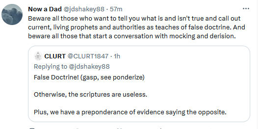 CLURT1847's tweet photo. "Beware" #LDS (even #DezNat) snowflakes who have built their crystalline (not in a good sense) testimony on the sandy foundation of prophetic infallibility.
If you believe everything said at any GC is never false, we are not going to get along!
#TrueDoctrine! https://t.co/Efnmaophp2