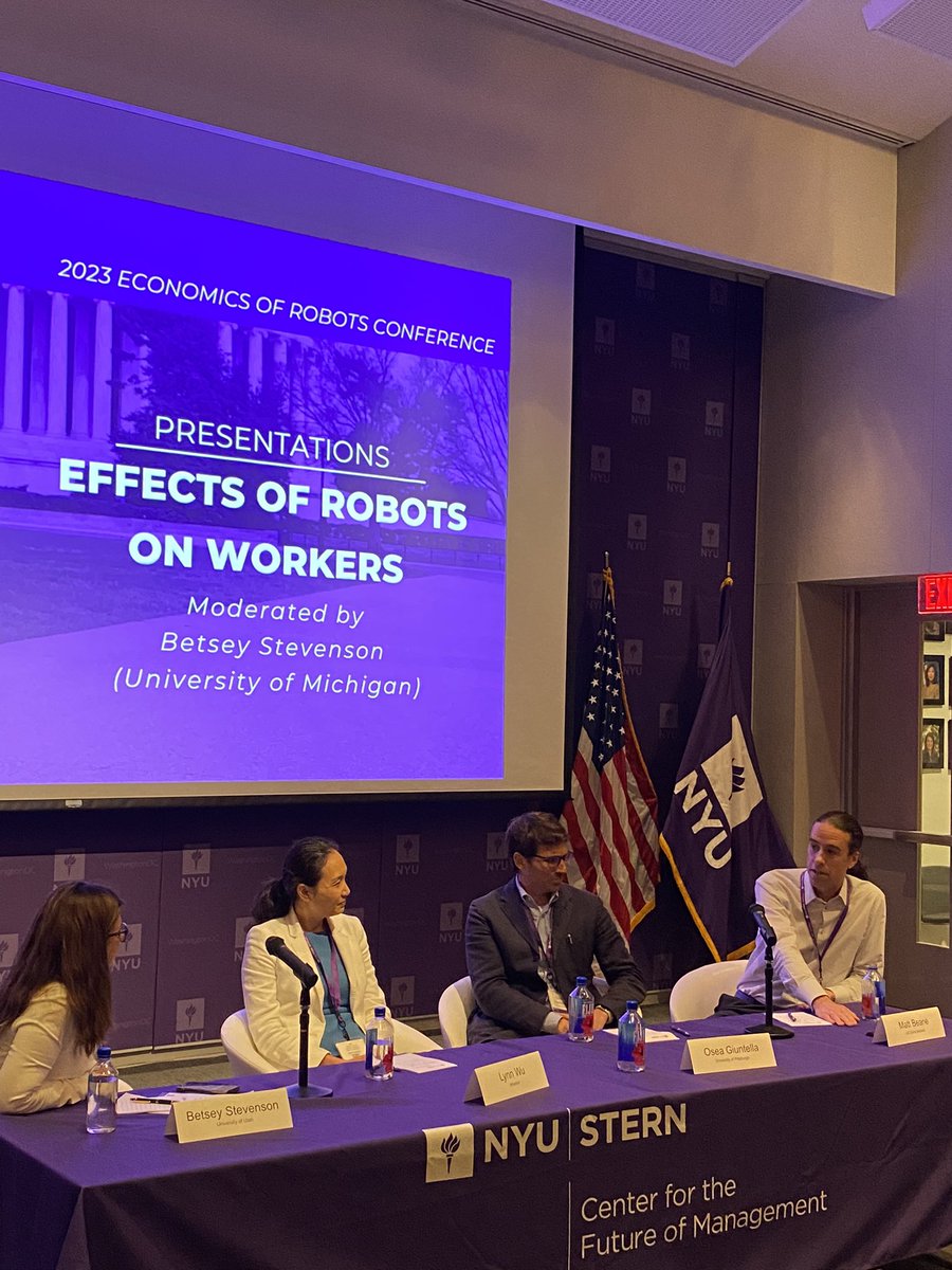 Rob Seamans (@robseamans) on Twitter photo Panel on Effect of Robots on Workers. Lots of heterogeneous effects! <a href="/BetseyStevenson/">Betsey Stevenson</a> <a href="/lynnwu02/">Lynn Wu</a> <a href="/Osea82/">Osea Giuntella</a> <a href="/mattbeane/">Matt Beane</a>
<a href="/NYUSternCFM/">Center for the Future of Management</a> conference on economics of robots Panel on Effect of Robots on Workers. Lots of heterogeneous effects! <a href="/BetseyStevenson/">Betsey Stevenson</a> <a href="/lynnwu02/">Lynn Wu</a> <a href="/Osea82/">Osea Giuntella</a> <a href="/mattbeane/">Matt Beane</a>
<a href="/NYUSternCFM/">Center for the Future of Management</a> conference on economics of robots
