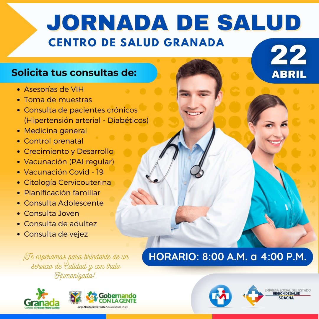 AlGranadaCund's tweet photo. Lo esperamos en el Centro de Salud de #GranadaCundinamarca, mañana sábado, 22 de abril de 2023 en horario de 8:00 a.m. a 4 :00 p.m. para usuarios capitados de: Ecoopsos EPS y EPS Sanitas.

Gracias a la articulación entre @HMGYSoacha  y @AlGranadaCund https://t.co/cLj73Fbjae