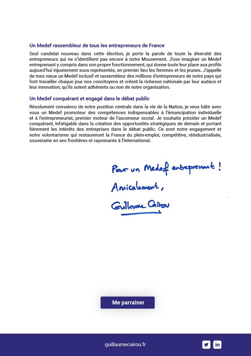 guillaumecairou's tweet photo. 🗣️Retrouver ma #ProfessiondeFoi pour l'élection à la Présidence du @MEDEF.
Pour me parrainer, RDV sur la plateforme: https://t.co/U12fmKZZAp
Renseignez votre identifiant + votre numéro CNIL reçus via l'adresse election@acces-neovote.com
Vous pouvez parrainer jusqu’à 3 candidats! https://t.co/rTdAbO5cbF