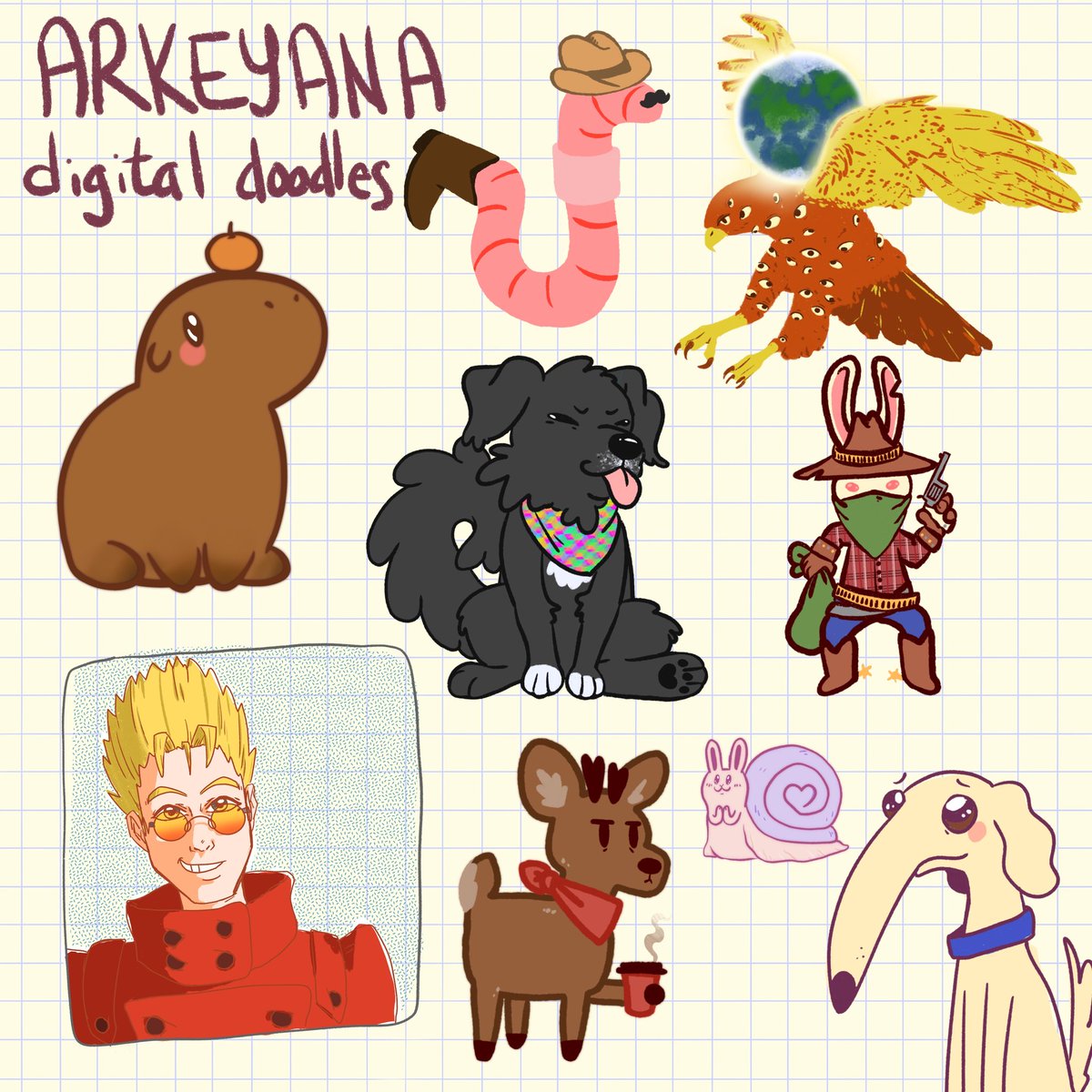 ArkeyAlex's tweet photo. #Doodles I did between february-march to try and get back into #art but I felt weren't good enough to post ok their own 🥹 honestly tempted to turn the #worm into a sticker 🪱😂 #doodle #digital #digitalart  #didntidoitforyou #capybara #vashthestampede #sheriff #cowboy #procreate https://t.co/qQL47vxOEq