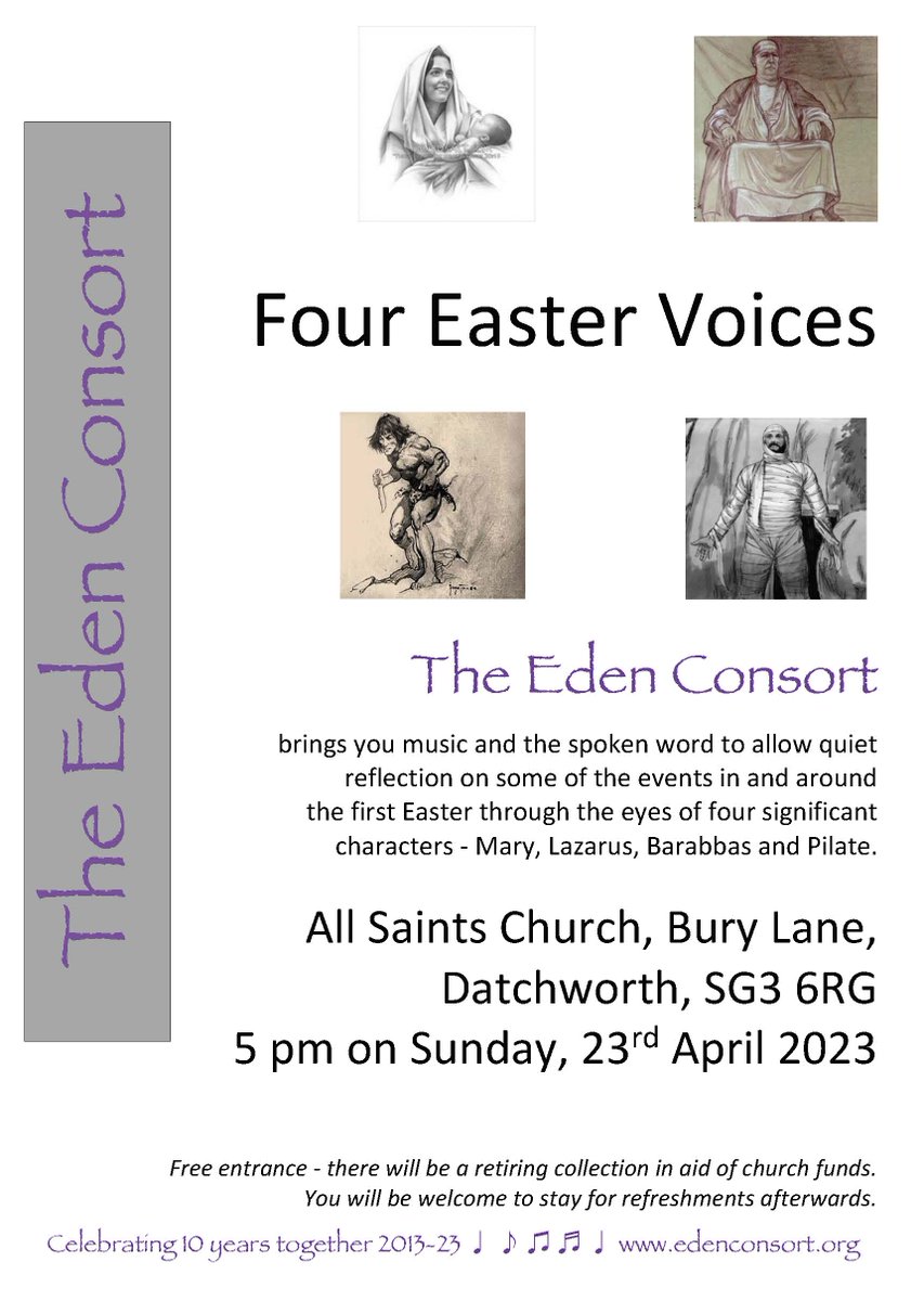 Are you near Datchworth this Sunday at 5pm? Come and along and hear our "4 Easter Voices" - reflections and songs by Lazarus, Barabbas, Pilate and Mary.

SG3 6RG

Refreshments after

#datchworth