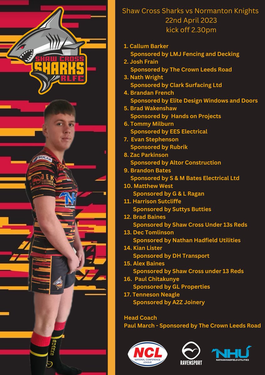 SharksOA's tweet photo. TEAM NEWS for Tomorrows @OfficialNCL  Division 2 clash with @NormantonARLFC

Head coach @Pmarch71 names the same team as he did for last weeks postponed game. 

Kick off is at 2.30pm and we look forward to welcoming our visitors and their supporters.

#UTS https://t.co/udbdTJrpqr