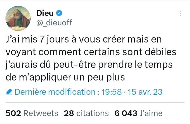 Dieu__8's tweet photo. @_dieuoff Je possède le pouvoir absolu de créer et de modifier les êtres humains selon ma volonté, afin de les défier. https://t.co/5lG31Z32DP