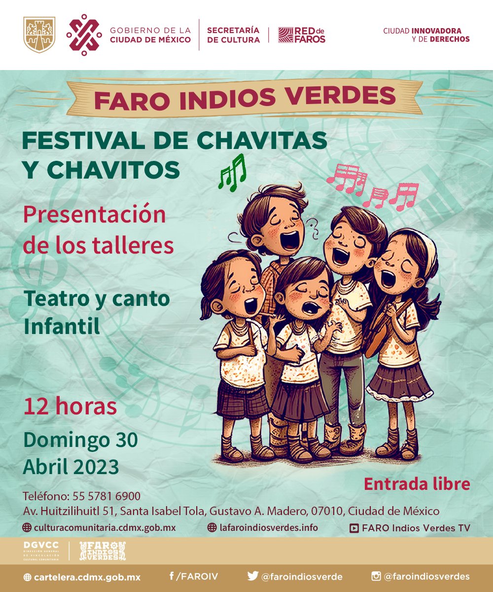 FaroIndiosVerde's tweet photo. Los talleres de teatro y canto infantil de #FAROIndiosVerdes se preparan para su presentación en el cierre del Festival para chavitas y chavitos 🤩😎🎉

Te invitamos a conocer su trabajo artístico el domingo 30 de abril a las 12 horas.

Diviértete con toda tu familia. https://t.co/5NO0hJxuvA