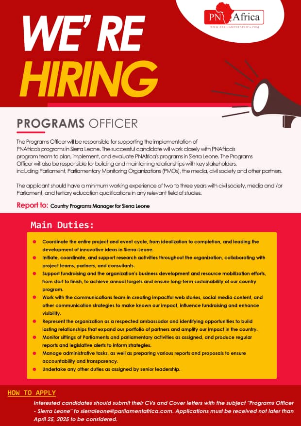 PNAfricawatch's tweet photo. ๐ฃ Job Vacancy Alert! We're hiring a Programs Officer in Sierra Leone. Are you passionate about making a difference? Head to this link to apply: https://t.co/1QserROWv3 #JobOpening #NowHiring #SierraLeone #ProgramsOfficer https://t.co/Y9cv9xjogP