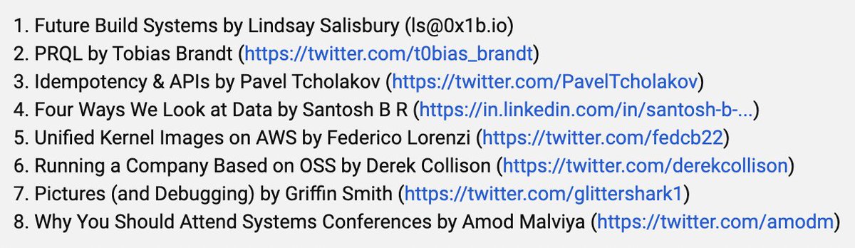 TigerBeetleDB's tweet photo. The next Systems Distributed video is unique. 🥰

Eight unplanned 3-minute lightning talks by Lindsay Salisbury, @T0bias_Brandt, @PavelTcholakov, Santosh B R, @fedcb22, @derekcollison, @glittershark1, &amp; @amodm.

Join us Monday the 24th at 4PM UTC!

https://t.co/90PMXTmM69 https://t.co/TNlDUazRZL