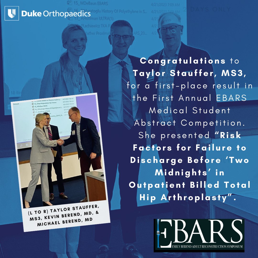 DukeOrtho's tweet photo. 👏 Way to go, Taylor Stauffer, MS3! Today, she captured the top title in the First Annual #EBARS Medical Student Abstract Competition. @DukeOrtho @AAHKS @HipSocKneeSoc https://t.co/xiYaKVDRgF