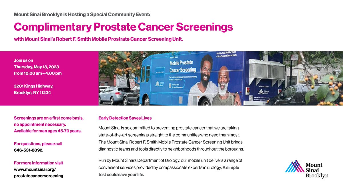 Mount Sinai Brooklyn (@msb_hospital) on Twitter photo On Thursday, May 18, from 10am to 4pm, <a href="/MSB_Hospital/">Mount Sinai Brooklyn</a> will host complimentary #ProstateCancer screenings! No appointment necessary. Stop by and get screened. A simple test could save your life. For more information, visit: mshs.co/3ObMer0
<a href="/MountsinaiUro/">Mount Sinai Department of Urology</a> #CancerScreening On Thursday, May 18, from 10am to 4pm, <a href="/MSB_Hospital/">Mount Sinai Brooklyn</a> will host complimentary #ProstateCancer screenings! No appointment necessary. Stop by and get screened. A simple test could save your life. For more information, visit: mshs.co/3ObMer0
<a href="/MountsinaiUro/">Mount Sinai Department of Urology</a> #CancerScreening