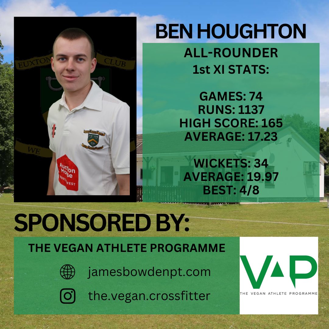 EuxtonCC's tweet photo. Thank you to @JBowdenPT for sponsoring homegrown allrounder Ben Houghton for the 2023 season. Ben will be looking to push on from last year adding more runs and wickets to his tally! https://t.co/LhJ6DMBaMk