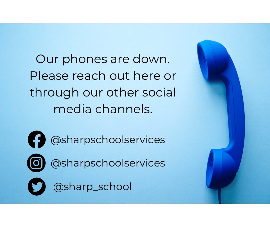 sharp_school's tweet photo. While we love talking with you, our phones are not cooperating. We’re hoping for a fix soon. Once updated, we will let you all know! https://t.co/KRDVe3SNk4