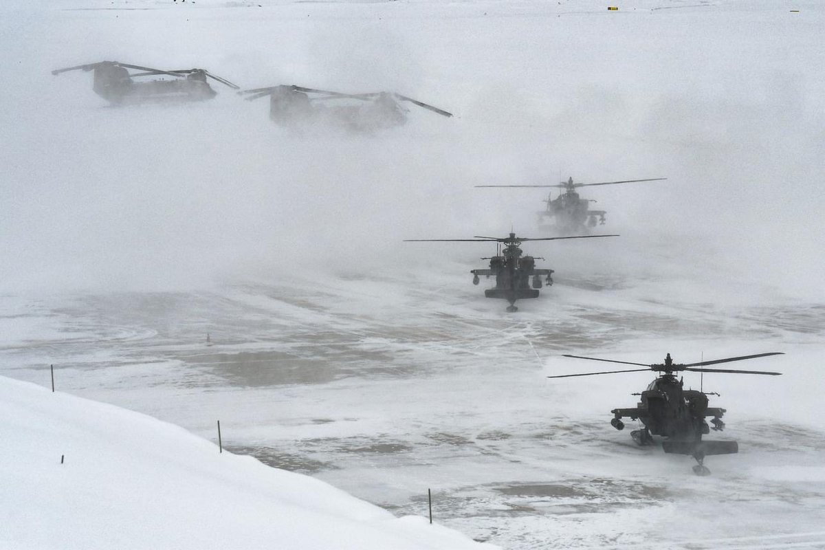 I_Corps's tweet photo. It’s cold outside ❄️, but the range is hot. 🚁
1st Battalion, 25th Aviation Regiment takes flight for aerial gunnery training at Ladd Army Airfield, Fort Wainwright.
#ArcticAttack #ArmyAviation
#AerialGunnery #ArcticTough
📸: Eve Baker
@25thID @Army_Aviation @USARPAC https://t.co/HYcwdASej0