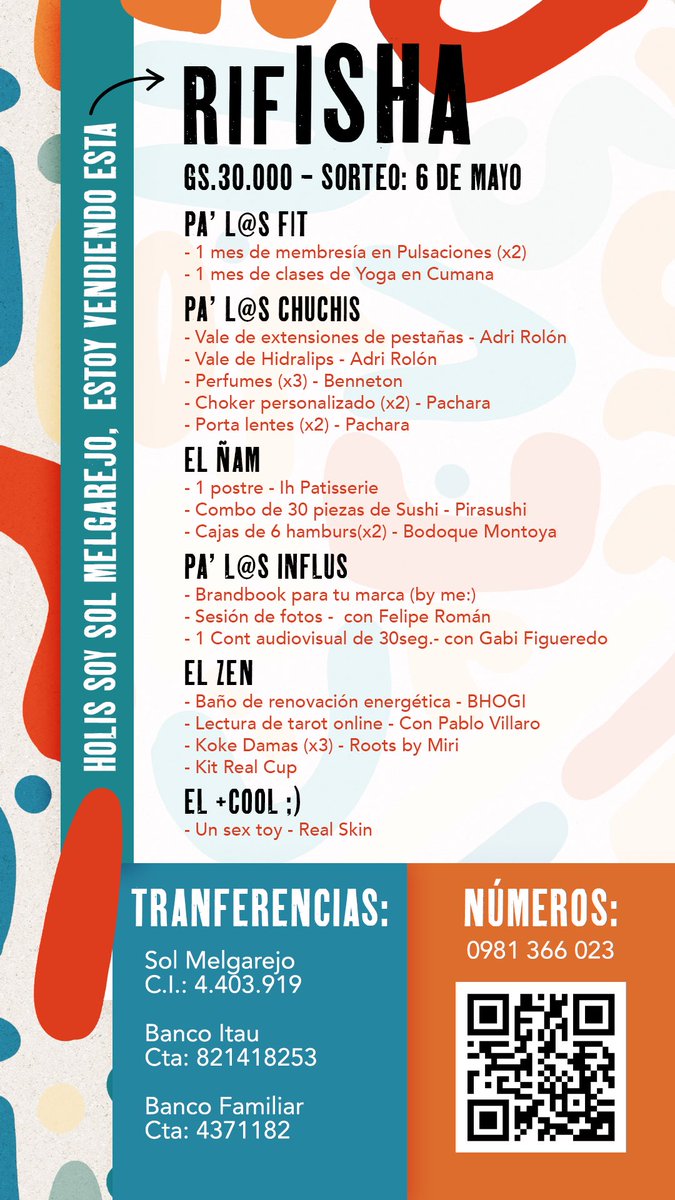 solmmp's tweet photo. Estoy vendiendo esta rifa con altos premios 🎁
Lit hay de todo para tod@s 

Cuentan que tus chakras se alinean cuando ayudas a la gente a huir de 🇵🇾 https://t.co/ceWTHlb9WC