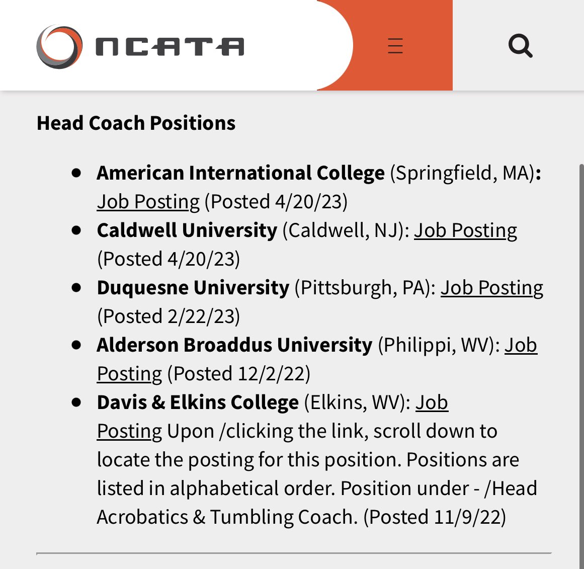 Visit thencata.org for applications and more information! #thencata #acrotumbling #collegejobs #jobopenings #gymnastics #cheer