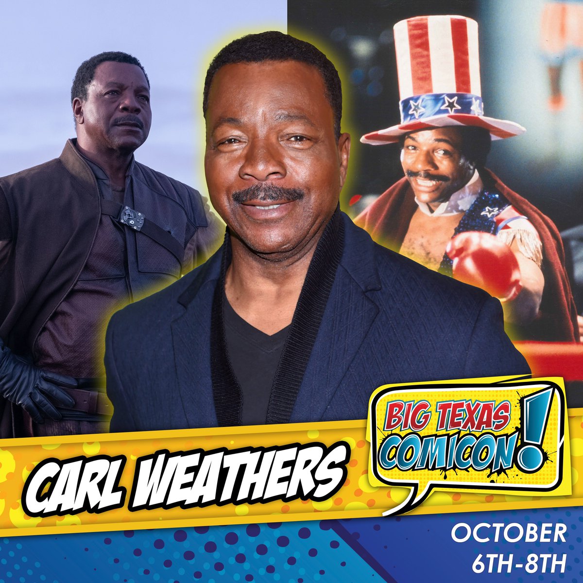 bigtexcon's tweet photo. Welcome our latest guest, Carl Weathers, to Big Texas Comicon 2023! 

The Mandalorian fans know him as Greef Karga, while so many others know him as Apollo Creed from the Rocky films, his roles in Predator, Happy Gilmore and so many others.

🎟️https://t.co/SMWXiiY37q https://t.co/fqneBMAqYQ