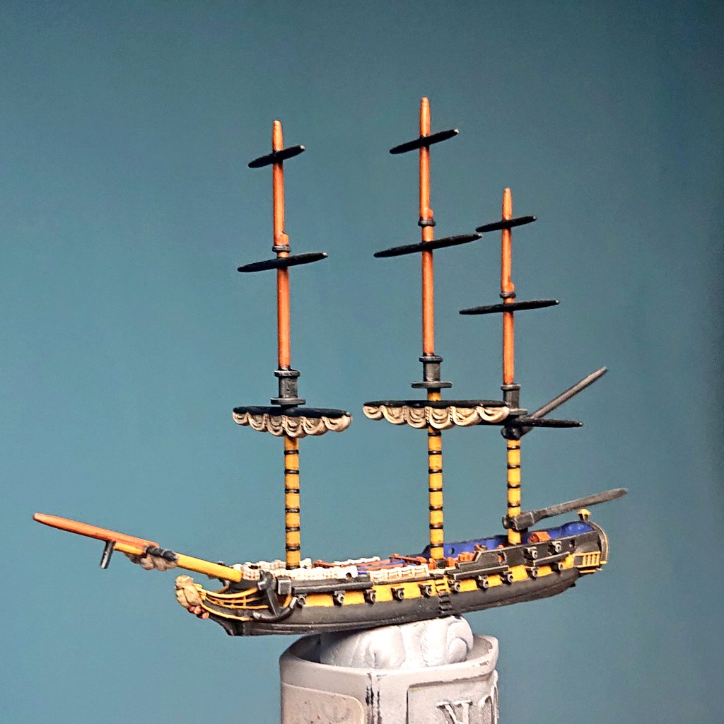 After languishing around the desk for some time I've made some progress with the merchant and sixth rate. A varnish then onto rigging and sails. #BlackSeas #AgeOfSail #NavalWargaming #ModelShips