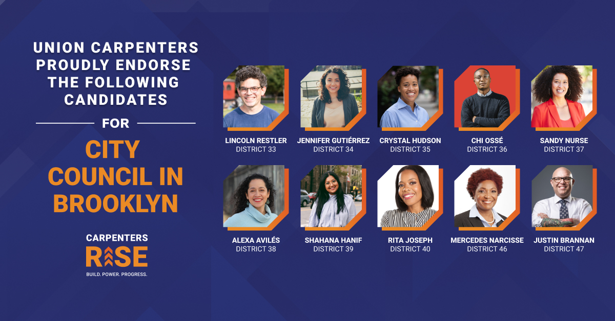 CarpentersNyc's tweet photo. The NYCDCC is proud to announce our first slate of endorsements for City Council in Brooklyn. We thank each candidate for their efforts to support the middle class &amp; unionized labor &amp; look forward to working with them to uplift the working people of New York. #CarpentersRISE https://t.co/w9wkl0wDrg