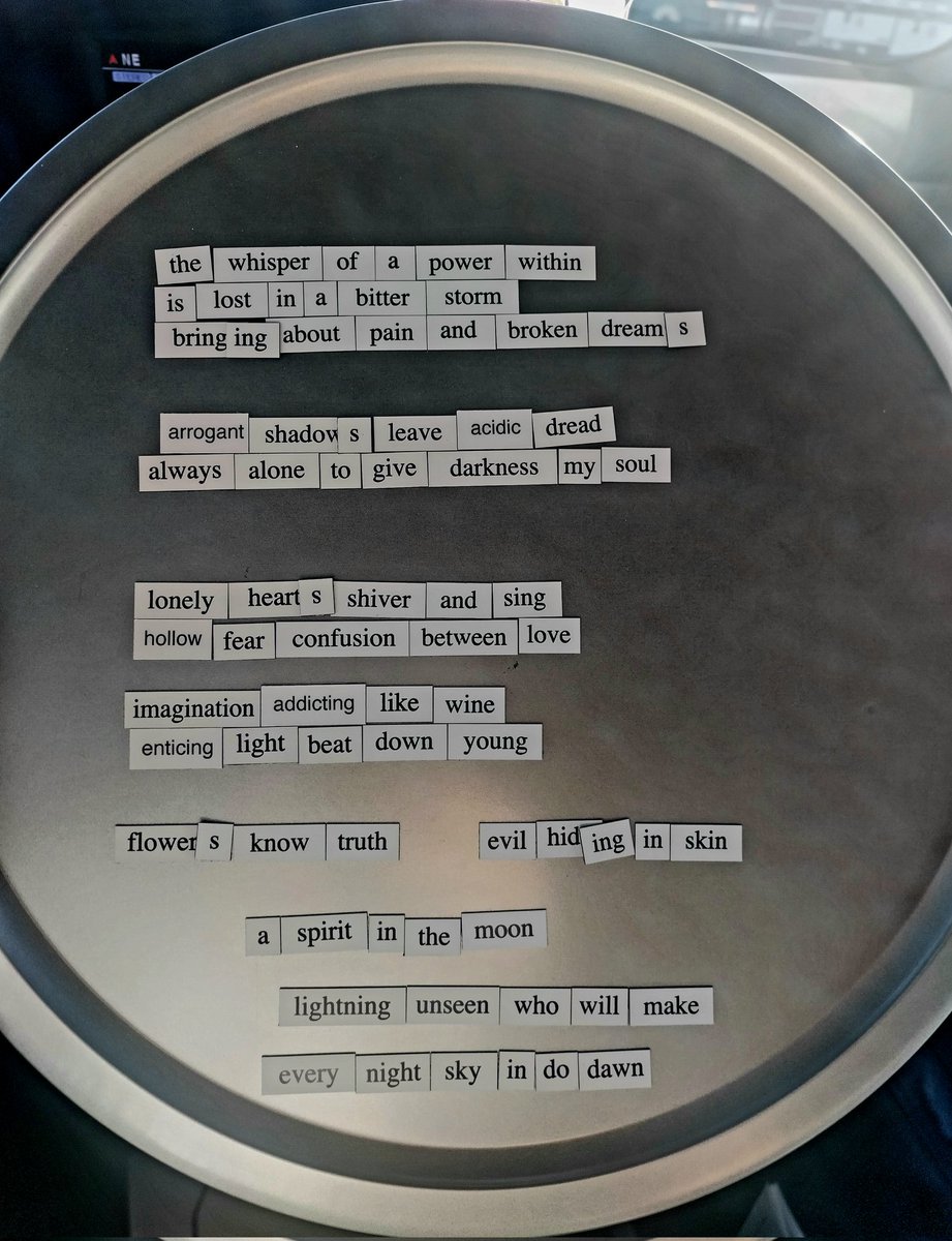 HCPS_PROMISE's tweet photo. At Lake Academy @HillsboroughSch students worked on a poetry lesson focusing on tone &amp; mood figurative language concepts. Creating poems using pizza pans &amp; magnetic poetry kits. All received their own personal poetry journal! 📒🖋💜 
@AnsbertoVallejo @yslibrarian777
@fladjj https://t.co/qNcXx4PJWl
