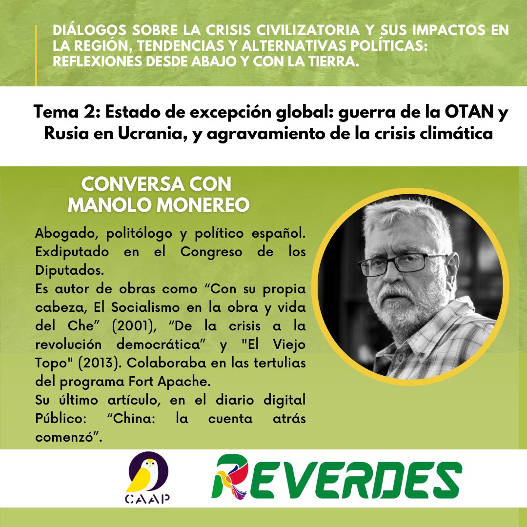 rev_mov's tweet photo. 🌿 Te invitamos a conversar con Manolo Monereo (@ManoloMonereo), abogado, politólogo y político español. Exdiputado en el Congreso de los Diputados. 🤓 https://t.co/wSHveqMLr9