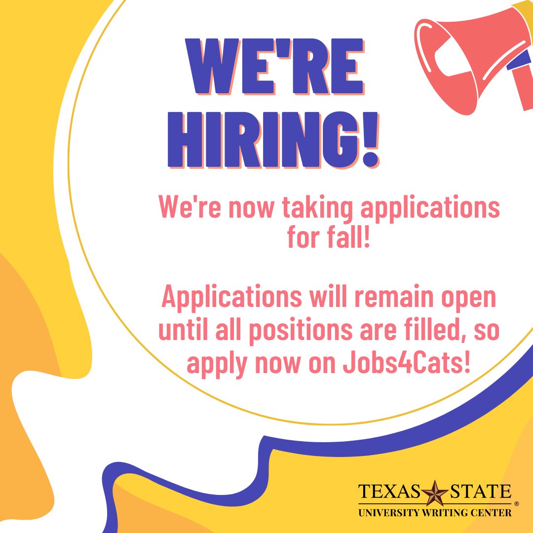 If you love writing and are looking for a fun on-campus job, look no further! The UWC is hiring! 🎉

We would love to hire by the end of finals week, so apply soon on Jobs4Cats!

San Marcos Application ID: 7747581
Round Rock Application ID: 7744013