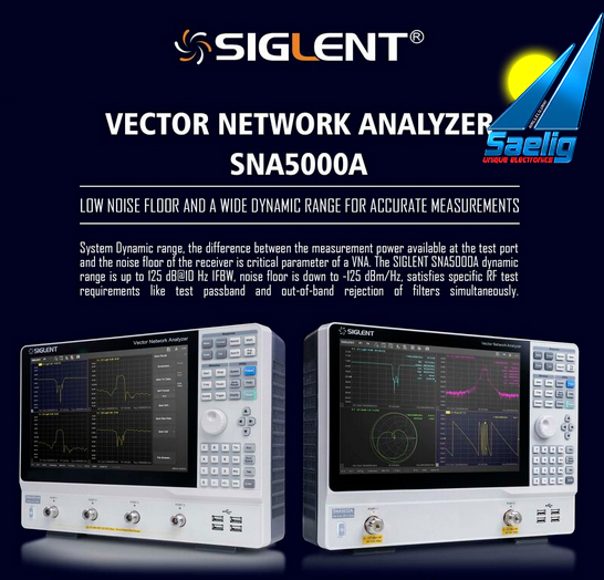Saelig's tweet image. The Siglent SNA5002A is a high-performance 2-port Vector Network  Analyzer with a frequency range of 9kHz up to 4.5GHz with a resolution  of 1Hz, a dynamic range of 125dB, and a level resolution of 0.05dB.  #rf #rfengineer #wireless saelig.com/siglent-networ…