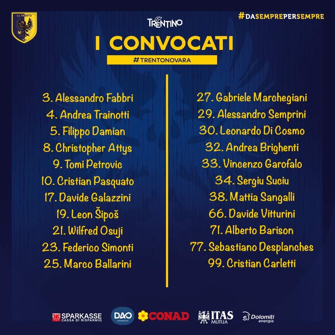 AcTrento's tweet photo. 💪🏻 Andiamo a prenderci la salvezza!

💛 Certe luci non puoi spegnerle! 💙

🇮🇹 @LegaProOfficial
▶️ Giornata 3️⃣8️⃣
🆚 @novarafootball
📆 22/04
🕠 17.30
🏟️ Briamasco

📺 @DAZN_IT @ElevenSportsIT
📝 https://t.co/SPBxSv9Fm6

🗒️ Squad List ⤵️

#TRENOV
#DASEMPREPERSEMPRE💛💙 #WeAreTrento https://t.co/bbxlhIPaIX