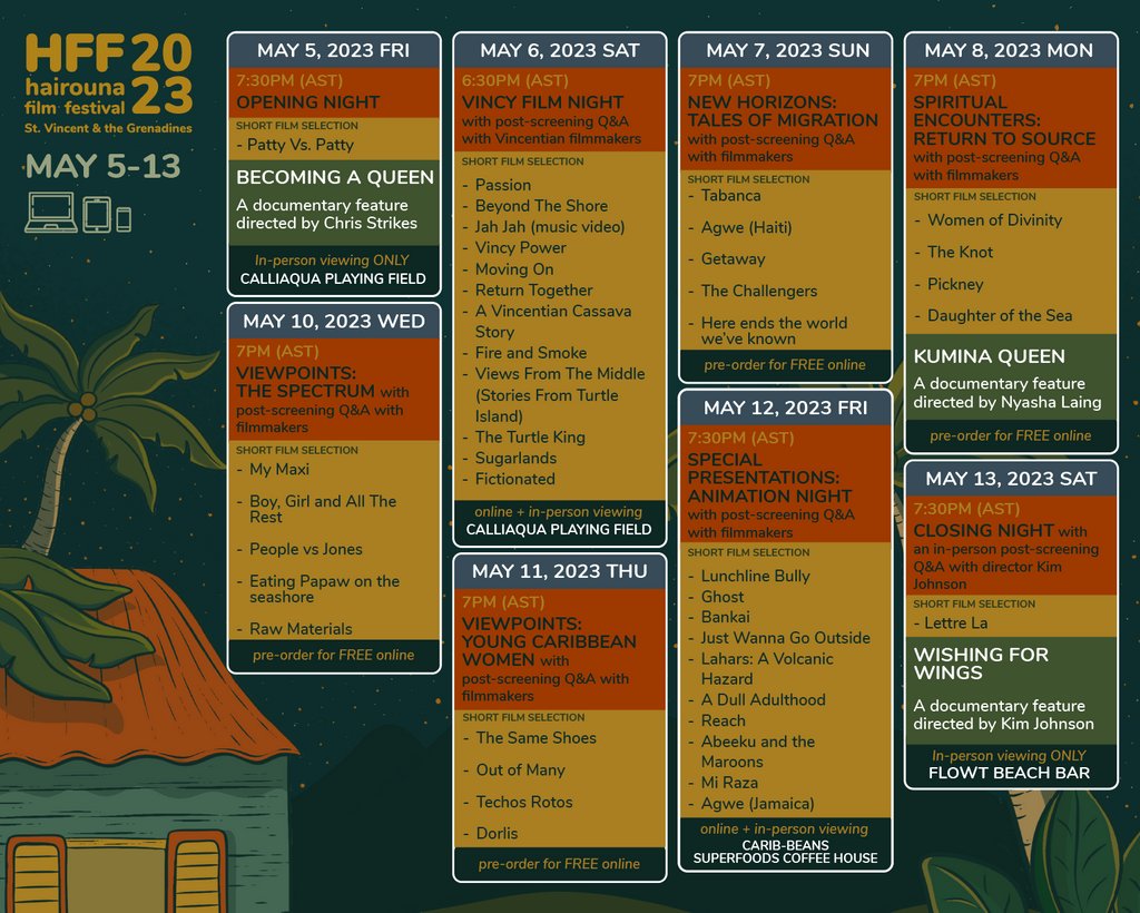 Hairouna Film Festival 2023 is proud to present our full #scheduleofevents! 
Check out our link... hff2023.eventive.org head over to our streaming platform, to pre-order your tickets for free today!🎟️🎫.

Hairouna Film Festival 2023 runs from May 5-13. We love these movies❤️❤️