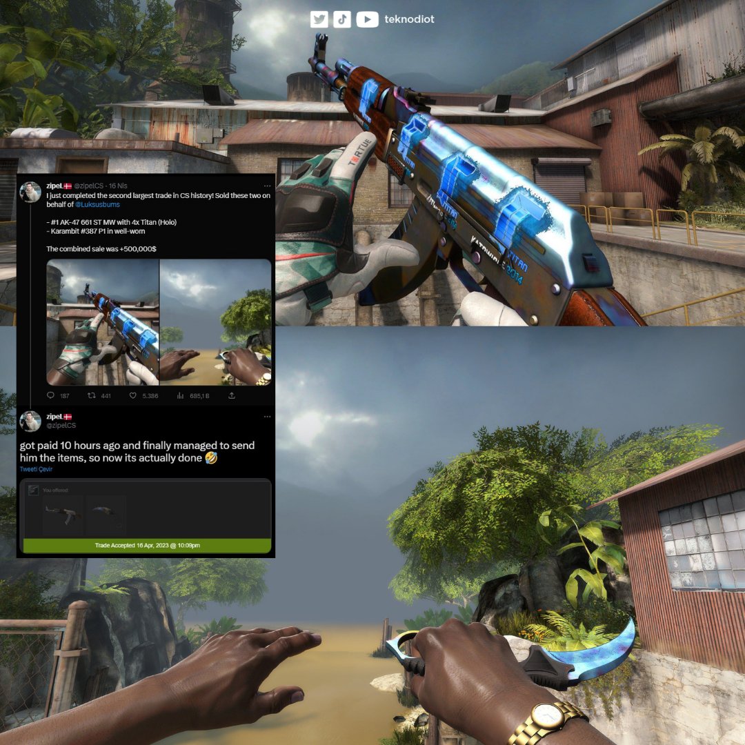 teknodiot's tweet photo. #CSGO'da Blue Gem desenli, minimum aşınma derecesine sahip #StatTrak Tier 1 Case Hardened AK-47 skini 400 Bin dolara satıldı.
Skin üzerinde, her biri yaklaşık 60 bin dolar değerinde dört Katowice 2014 Titan Holo çıkartmasının yapıştırıldığı ikonik piyade tüfeği... https://t.co/8EZrQQE40K