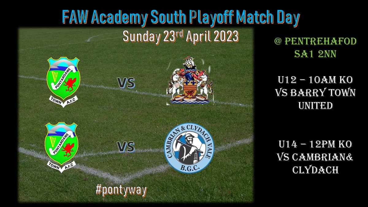 pontyacademyfc's tweet image. @3gPentrehafod is the place to be on Sunday as the @FAWales a
Academy South playoffs take place. Our 12s play @BTUAcademy and the 14s play @AcademyCambrian. Timings below. Good luck to the teams! #PontyWay