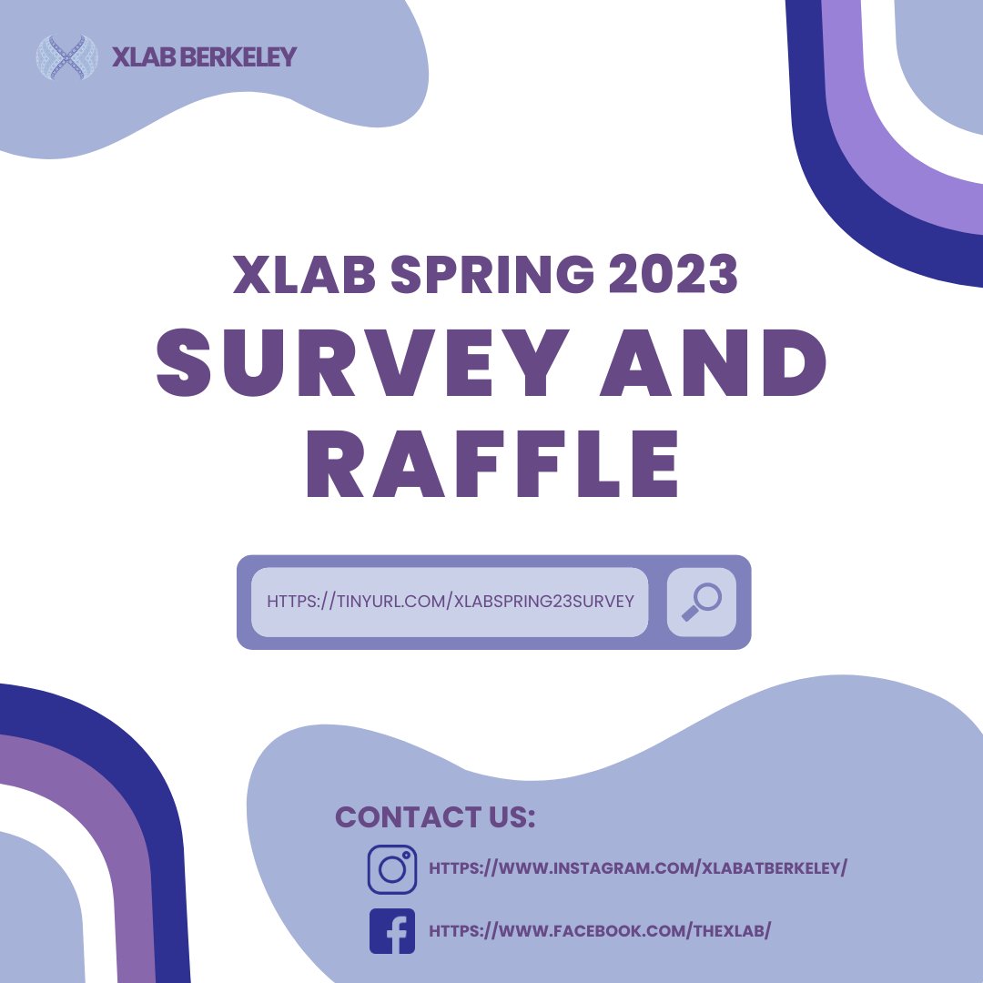 XlabAtBerkeley's tweet image. Hello everyone!

Our Spring 2023 Survey have been released and we would love for everyone to participate!  You will also get a chance to win some great prizes through a raffle.

The survey will close on April 30th, 2023 at 11:59 PM. tinyurl.com/XlabSpring23Su…