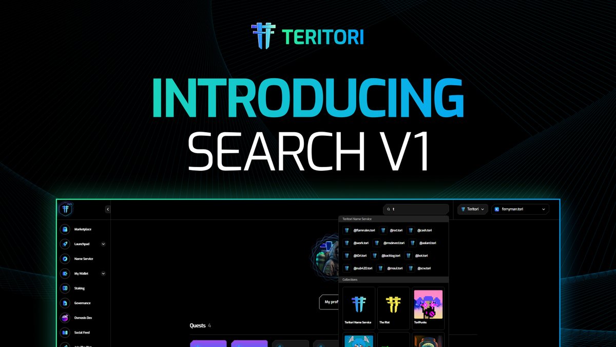 TeritoriNetwork's tweet photo. Search V1 is now live! ⛩️

You can now use it to find:
- NFT collections
- Teritori Name Service &amp; Users https://t.co/RfGJnKMRHu