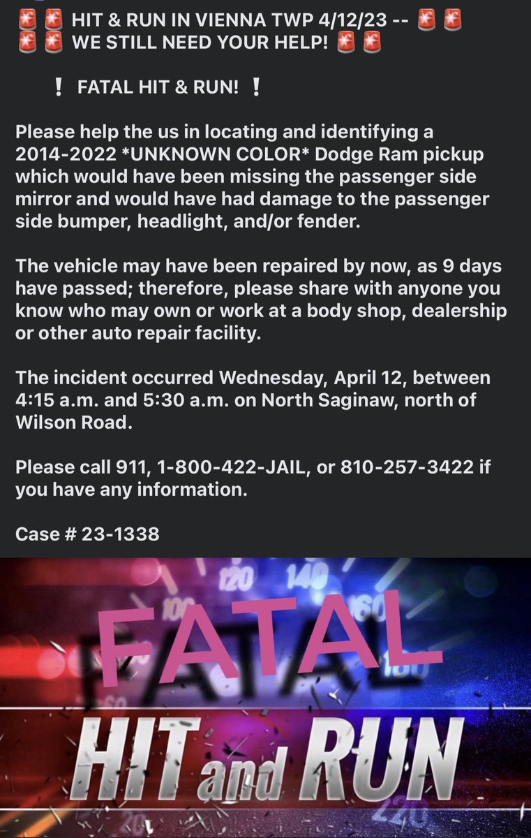 #viennatwp #geneseecounty #michigan #hitandrun #fatality #needyourhelp #share <a href="/midmichigannow/">Mid-Michigan NOW</a> <a href="/ABC12WJRT/">ABC12WJRT</a> <a href="/WNEMTV5news/">WNEM TV5 News</a> <a href="/michigannews/">MLive.com News</a> <a href="/MLive/">MLive</a>
