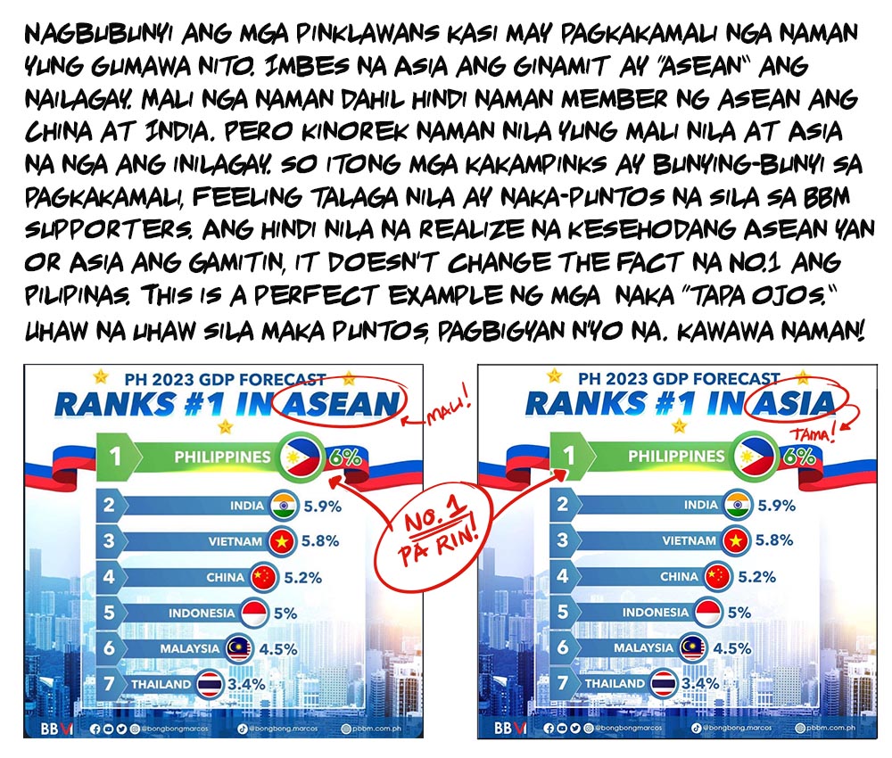 Wrong focus, ang ipinagbunyi nila ay yung pagkakamali at hindi yung ranking ng Pilipinas. #crabmentality #pinklawans <a href="/bongbongmarcos/">Bongbong Marcos</a>
