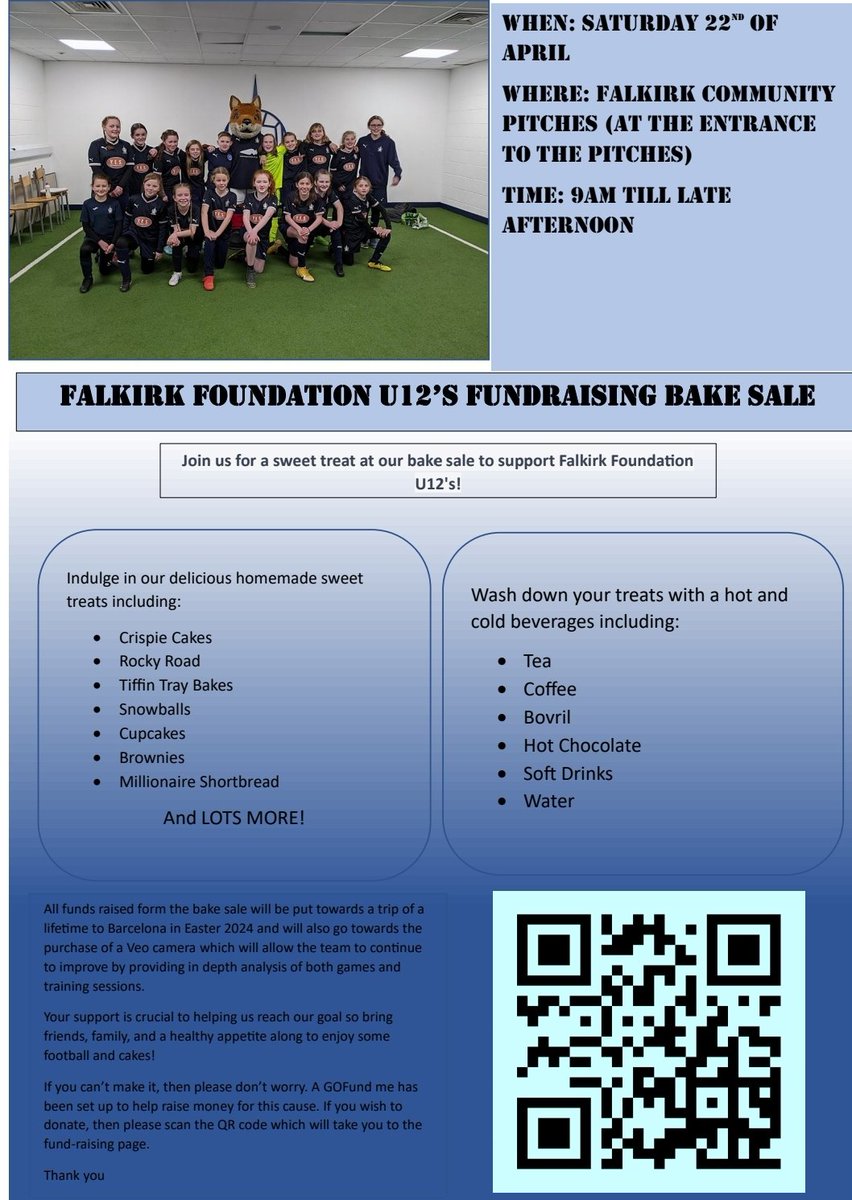 If you happen to be short of things to do this weekend then come down to the <a href="/falkirkfcf/">Falkirk Foundation</a>
Community Pitch and say hi!

We will be selling a large selection of home baked goods and teas and coffees to raise money for a trip to Barcelona. 

Hope to see you all there 👍