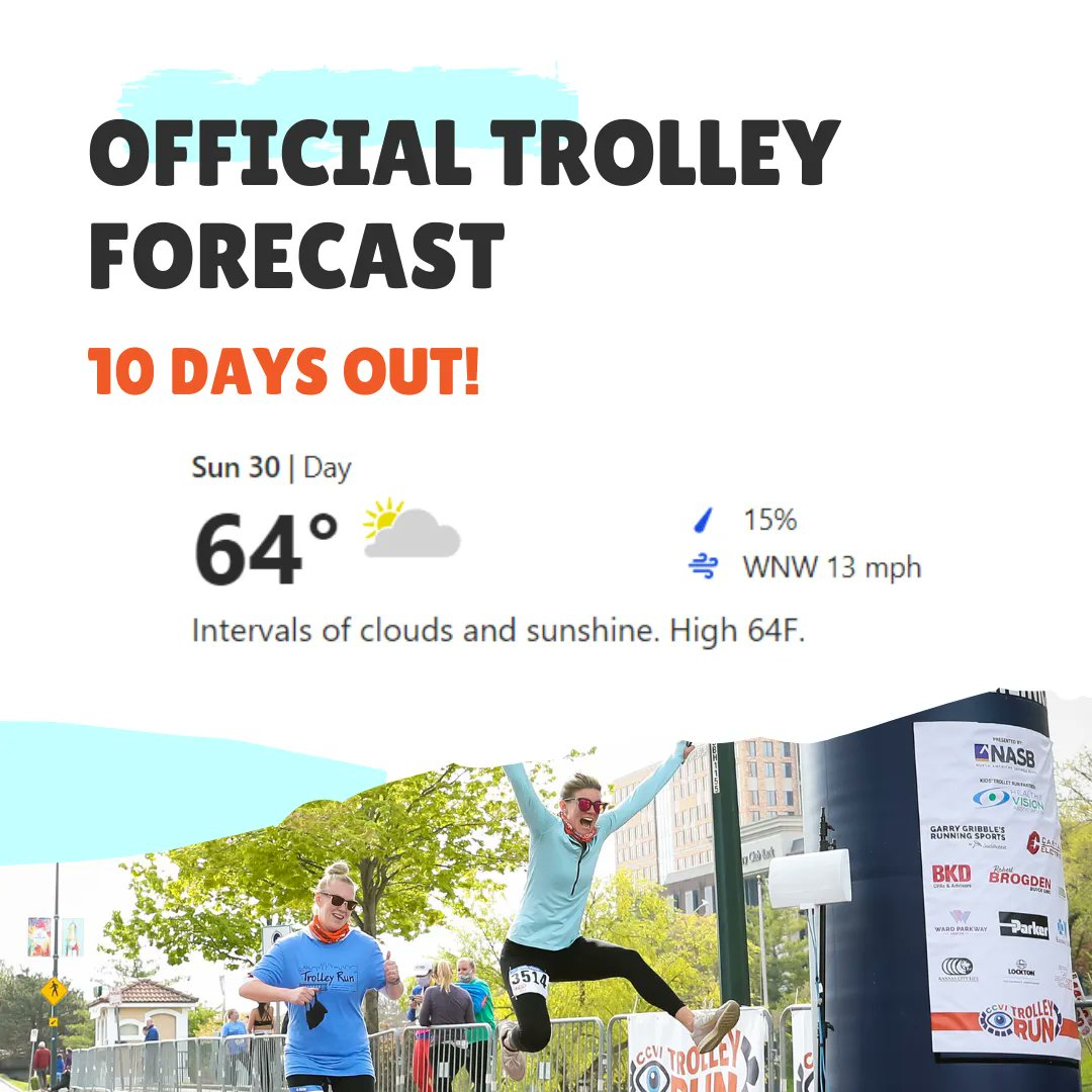 The 10-day weather forecast has officially dropped from weather.com! How does 64 degrees and Partly Sunny, sound for race day?! 

Receive $10 off per registration by using code FINALSTRETCH at checkout at trolleyrun.org!