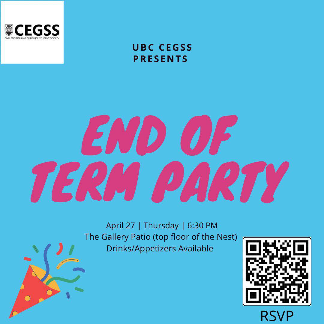 CegssUBC's tweet photo. Hi all! You are invited to the CEGSS End of Term Social!

Location: Gallery Restaurant (4th floor of the nest) 

When: April 27th 

Time: 6:30 PM 

Drinks and appetizers available

Please rsvp here: https://t.co/PXZMTzPjas https://t.co/RoB3z9gEen