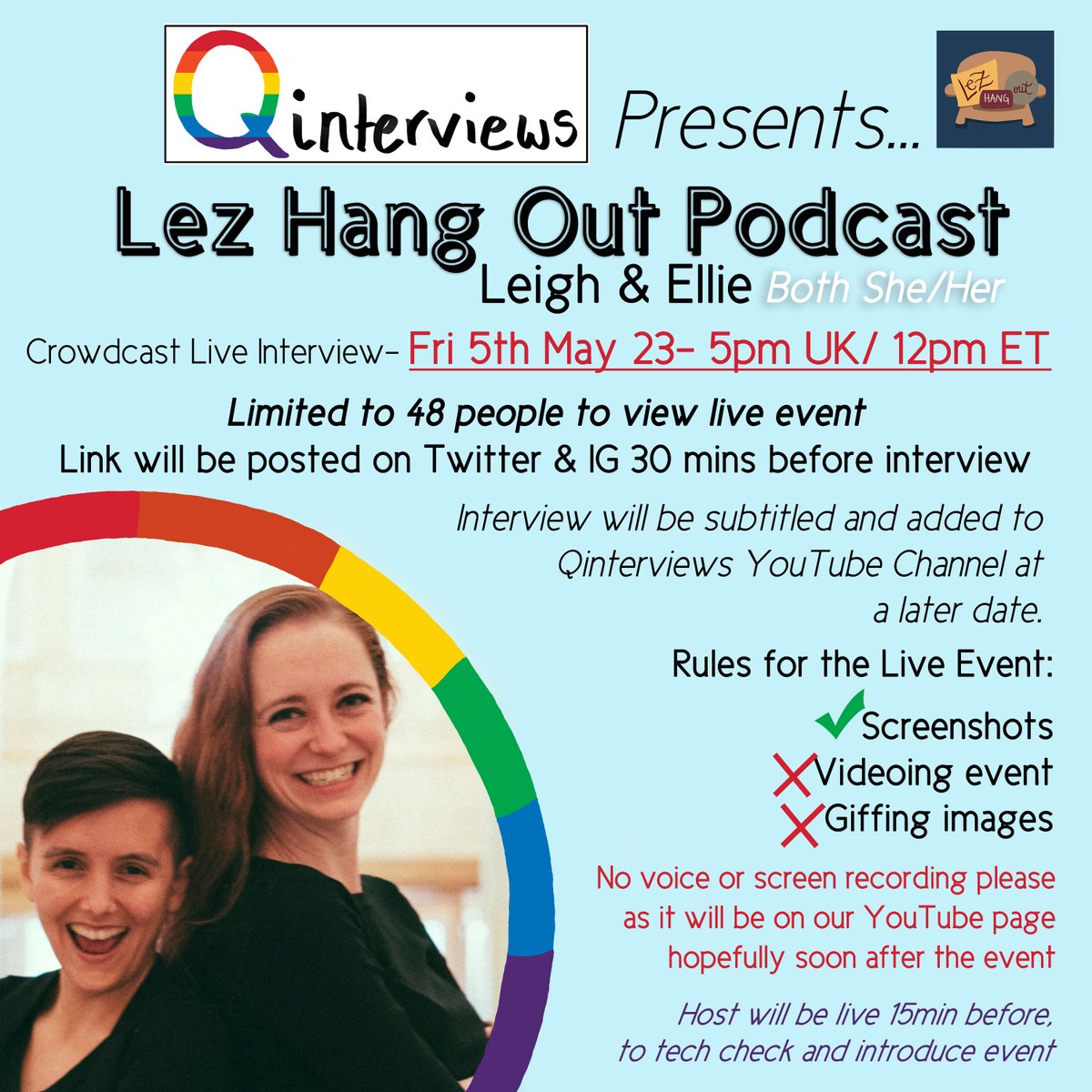 qinterviews's tweet photo. Qinterviews is happy to announce @lezhangoutpod as our next guests!
Ellie and Leigh will be joining us to discuss queer fandom, crappy TV cancellations and more!
Join us Friday 5th May at 5pm UK / 12ET to join in with the shenanigans.
#Qinterviews https://t.co/iQFHz7p1d1