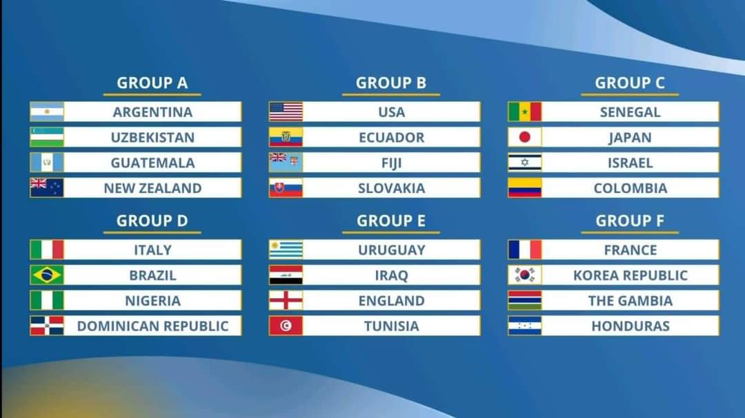 OFFICIAL: 

Nigeria drawn in Group D of the 
FIFA U-20 World Cup in Argentina. 🇦🇷

Group D

🇳🇬Nigeria
🇧🇷 Brazil
🇮🇹Italy
🇩🇴Dominican Republic

The tournament holds between May 20 and June 11, 2023.

#SoarFlyingEagles
#Team9jaStrong
#FIFAUnder20WorldCup