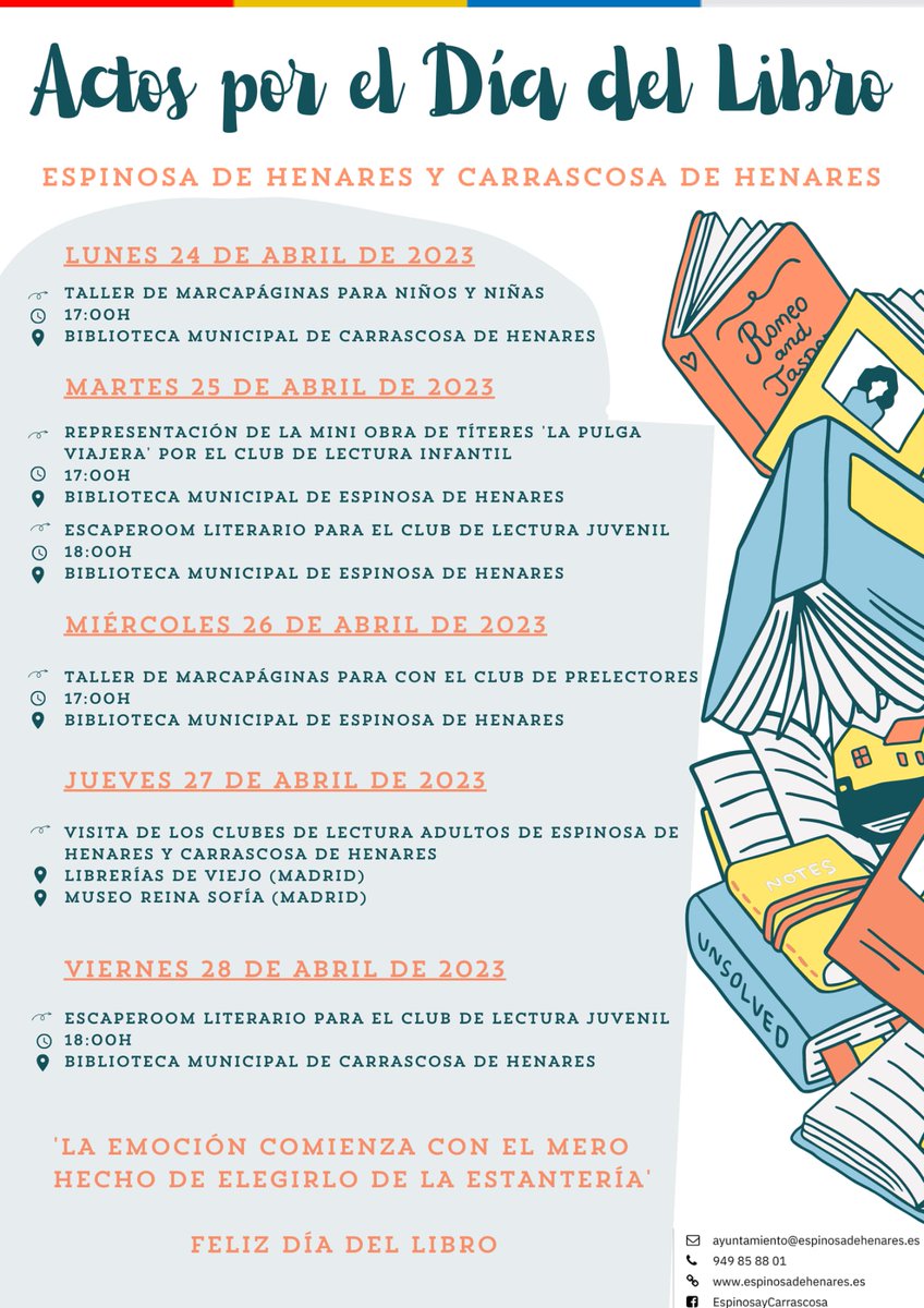 ***ℹ ACTIVIDADES POR EL DÍA yDEL LIBRO 📒 EN ESPINOSA Y CARRASCOSA!***
Desde el 🏫Ayuntamiento y con la colaboración de la 📚Biblioteca vamos a celebrar el Día del Libro.

Se han preparado varias actividades para nuestros 🏘muni(...)
+info: bmvl.es/916494