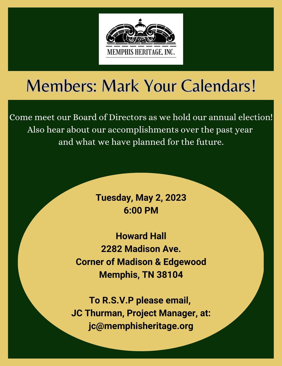 Mark Your Calendars! It's time for our Annual Membership Meeting!

Click here to renew your membership!
memphisheritage.square.site/product/member…

#preservememphis #preserve901 #memphis901