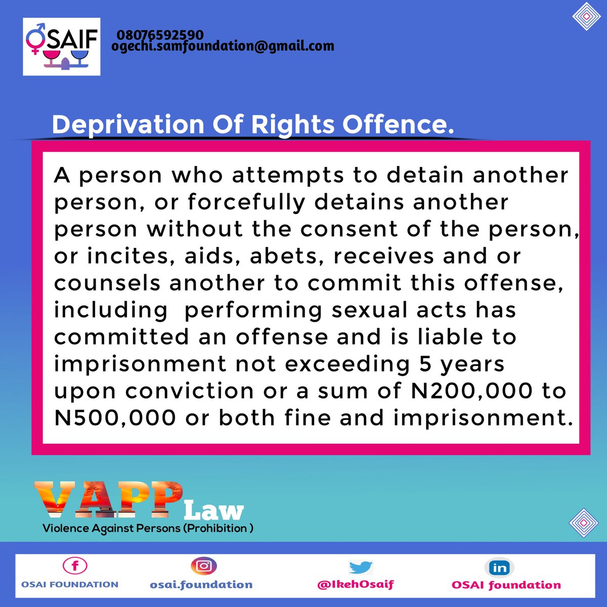 MaryjoyChidinma's tweet photo. Depriving a person of his or her liberty is a crime against the person's fundamental human rights and offenders when caught will pay dearly.
The act of forced sex trade is not exempted.
#Beinformed #Osaif #Vapplaw https://t.co/hDoEiqgMdL