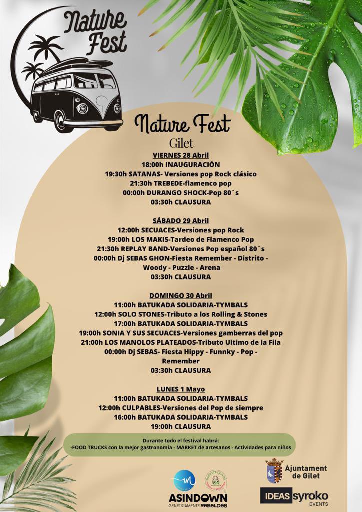 AjGilet's tweet photo. 📣 Ací teniu la programació del primer 🎶 #NatureFest a #Gilet 👇
Del 2️⃣8️⃣ d’abril a l’1️⃣ de maig, a 🌟 #LaPlaça, festival familiar amb aquesta espectacular programació 🤩
@ideas_syroko_events @asindown @lamareamarket #SaveTheDate #giletéscomboi #cartelón https://t.co/nnyPwKNizO